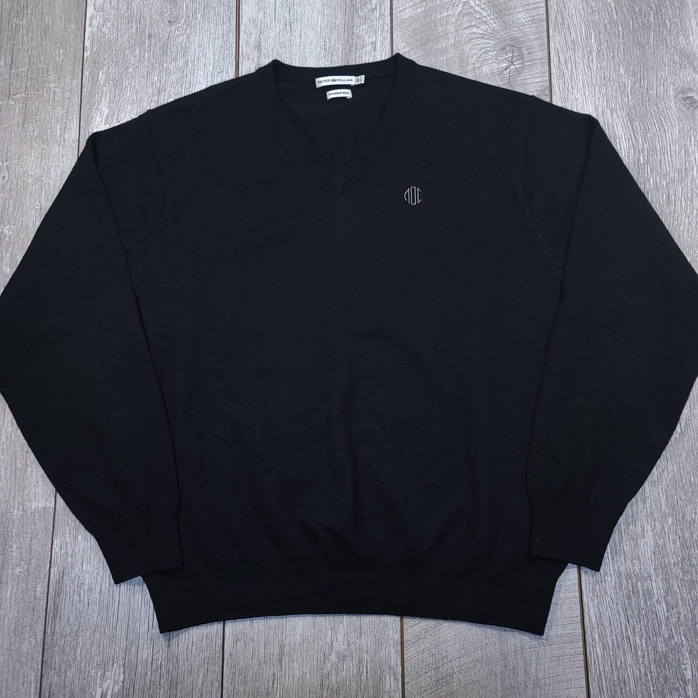 Peter Millar Sweater Mens XL Black 100% Merino Wool V-Neck Monogram Pullover